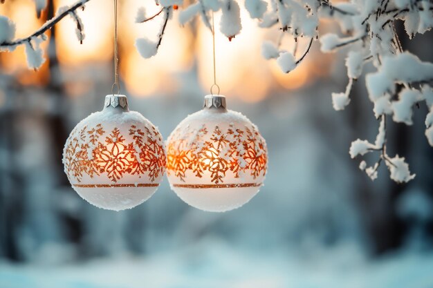 Foto kerst achtergrond dennen gouden ballen de grond met witte sneeuw zachte bokeh licht generatieve ai