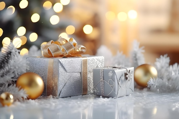 Kerst achtergrond gouden kleuren cadeau doos onder boom bokeh effect achtergrond