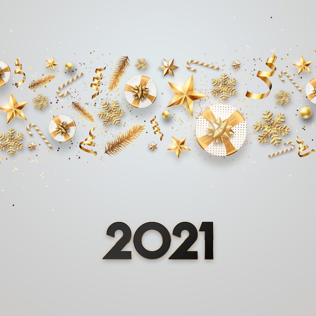 Kerst achtergrond, inscriptie 2021 met gouden ballen op lichte achtergrond.