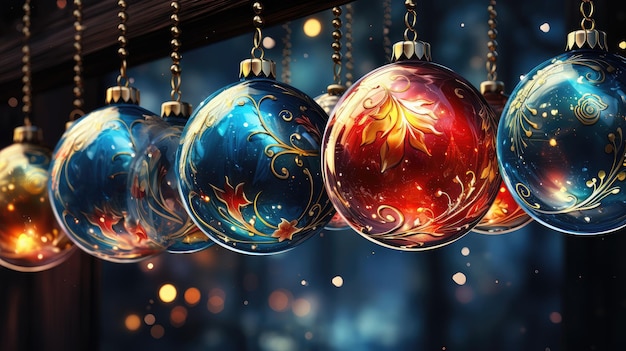 Kerst achtergrond kerstballen hangen in een rij ai genereren