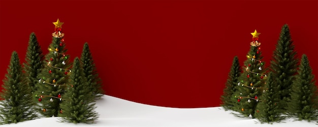 Kerst achtergrond Kerstboom op sneeuw grond met rode achtergrond 3d illustratie
