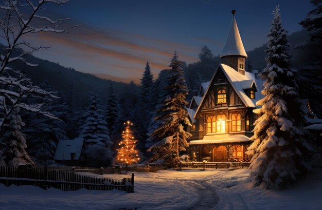 kerst achtergrond kerstlandschap huis aan de rand van het bos