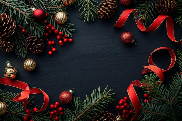 Kerst achtergrond met boom takken dennen kegels ornamenten en rood lint op zwart