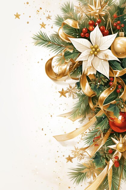 Kerst achtergrond met dennen takken poinsettia en gouden lint