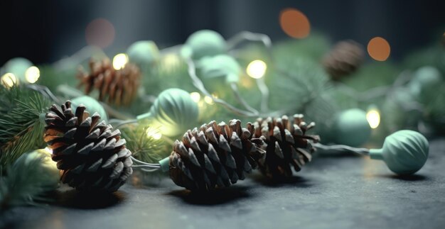 Kerst achtergrond met dennenappels en pijnboomtakken bokeh achtergrond Generatieve AI