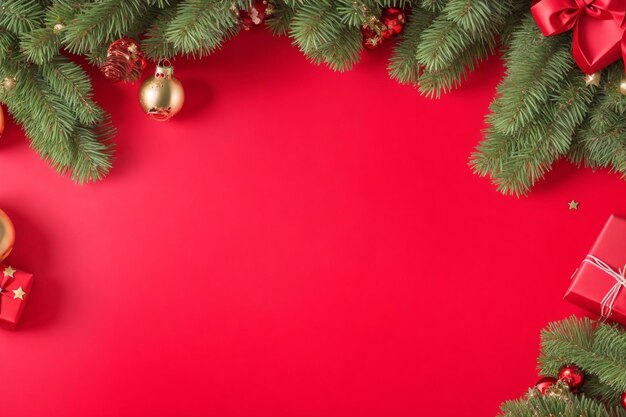 Kerst achtergrond met dennenboom en kerstdecoratie elementen Bovenbeeld met kopieerruimte