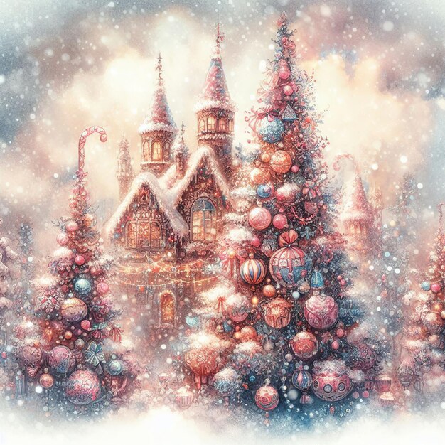 Foto kerst achtergrond met een sprookjeshuis in de sneeuw kerstkaart