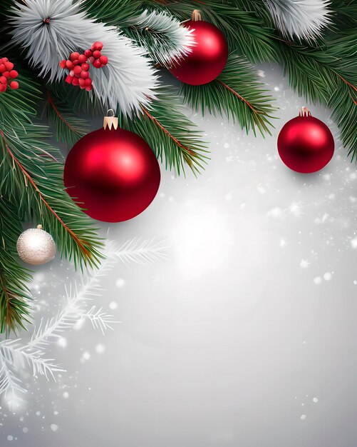 Kerst achtergrond met felrode en witte sneeuwballen en dennen takken