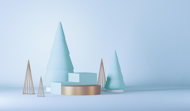 Kerst achtergrond met geschenken en pijnbomen podium pastel blauwe achtergrond 3d render