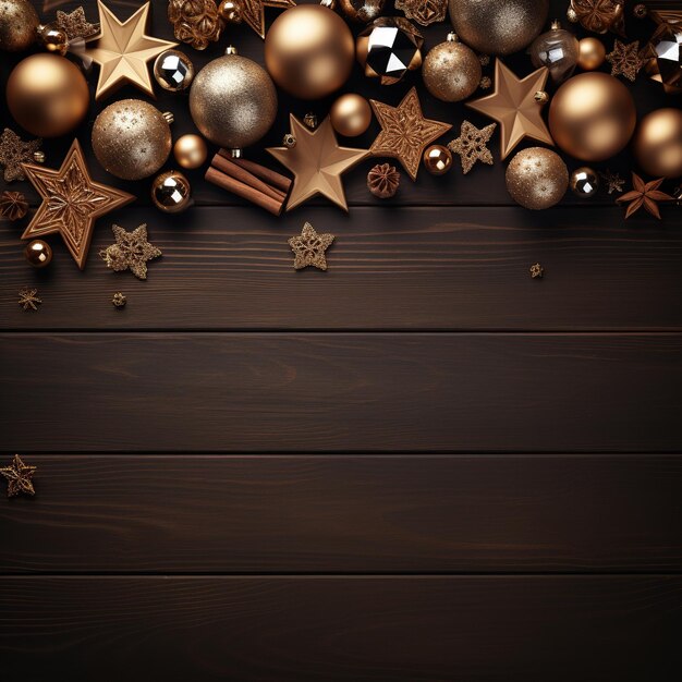 Kerst achtergrond met gouden ballen en sterren op donker houten bord