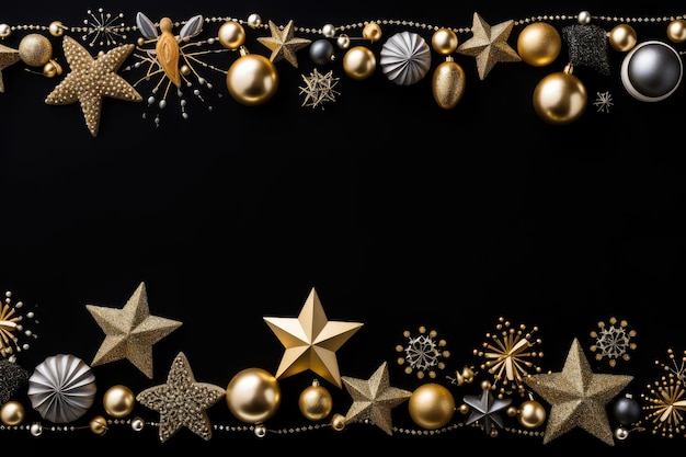 Kerst achtergrond met gouden en zilveren versieringen sterren ballen en sneeuwvlokken op zwart