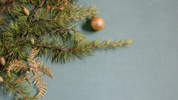 Kerst achtergrond met kerstboomtakken en gouden kerstballen