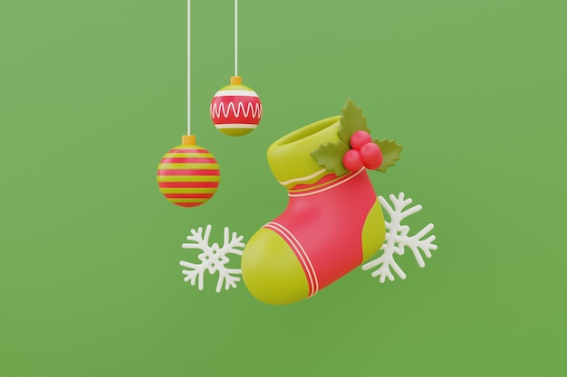 Kerst achtergrond met kousen cadeautjes en kerst ornament Prettige kerstdagen en gelukkig Nieuwjaar 3D-rendering