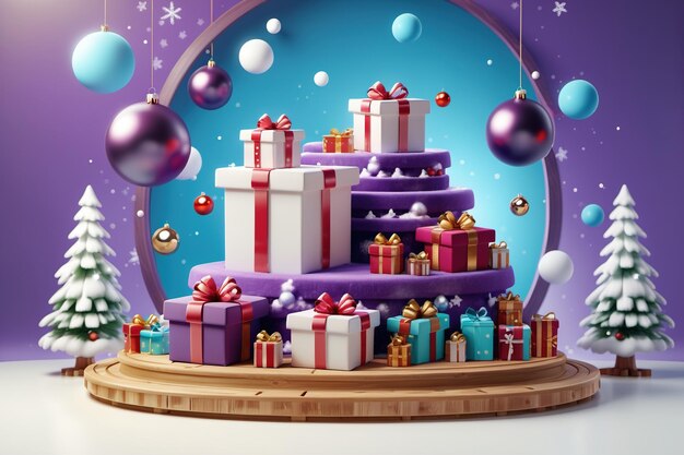 Kerst achtergrond met paars houten platform met producten met veel geschenken rond