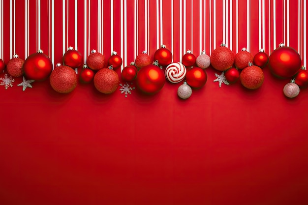 Kerst achtergrond met rode ballen en sneeuwvlokken op een rode achtergrond