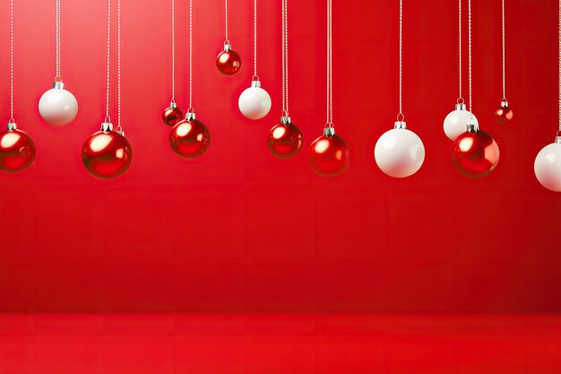 Kerst achtergrond met rode en witte ballen die aan een rode muur hangen