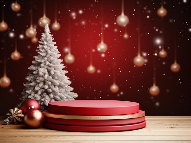 Kerst achtergrond met rood podium en geschenk dozen 3D rendering Generatieve AI