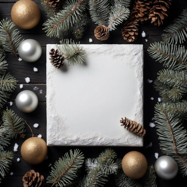 Foto kerst achtergrond sneeuw dennen tak geschenk doos en decoraties op zwarte tafel met witte vierkant