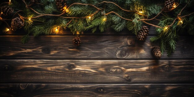 Foto kerst achtergrond van dennen twijgen versierd met feeënlichten op donkerbruin houten frame met kopieerruimte