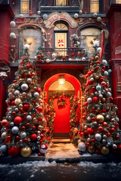 Kerst achtergrond Versierd besneeuwd kersthuis