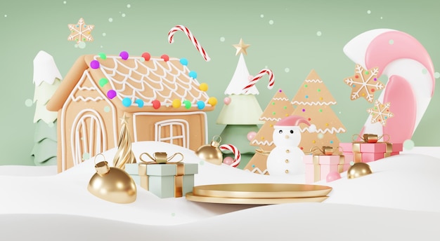 Kerst achtergronden met podium podium platform in minimale new year event thema merry christmas scene voor product display mock up banner lege stand voetstuk decor in xmas winters tafereel 3d render