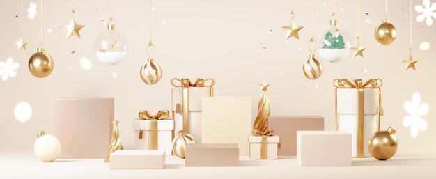 Kerst achtergronden met podium podium platform in minimale New year event thema Merry Christmas scene voor product display mock up banner Lege stand voetstuk decor in Xmas winters tafereel 3D render