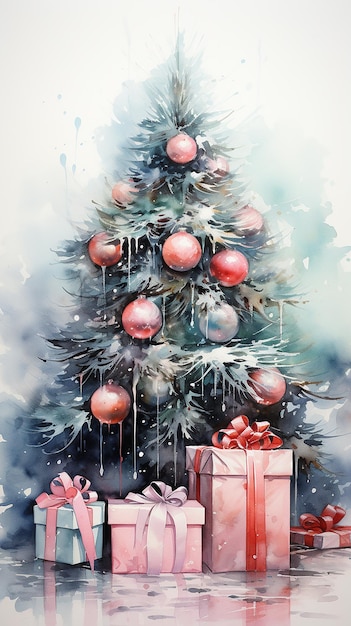 Kerst ansichtkaart Aquarel kerstboom met geschenkdozen