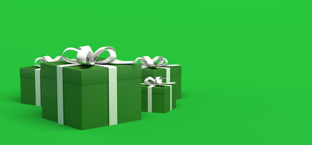Kerst banner Xmas achtergrond met groene cadeautjes en witte strikken 3d illustratie