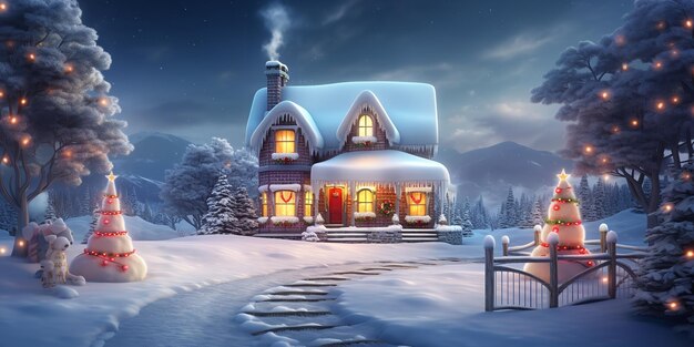 Kerst buitenversieringen op een huis in de sneeuw Generatieve Ai