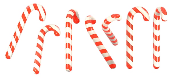 Kerst candy canes mockup zoete lolly's in verschillende hoek bekijken 3d render Geïsoleerde wandelstok dessert met witte rode strepen Nieuwjaar decoratie ontwerpelementen pictogrammen set