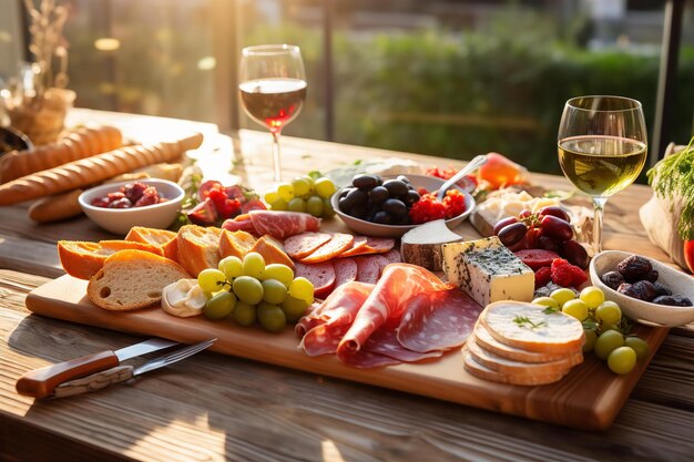 Kerst charcuterie bord met wijn voor het diner op de houten tafel en natuur achtergrond