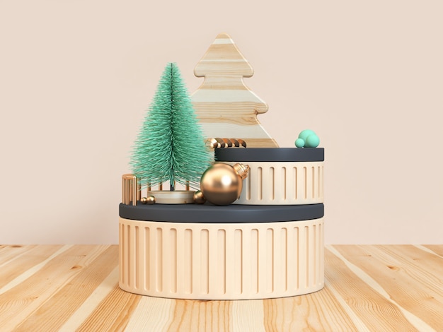 Kerst concept groene boom houten vloer crème zwarte scène 3D-rendering