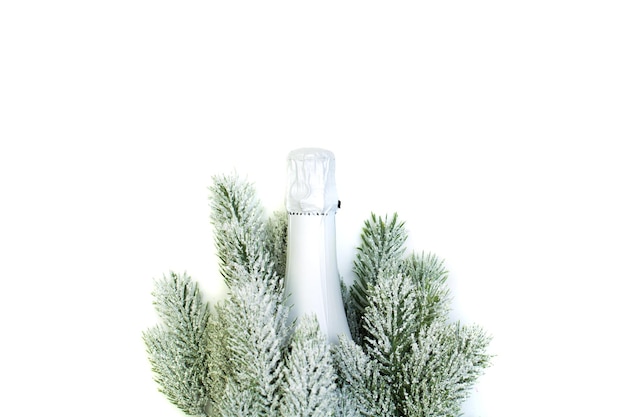 Kerst concept met mousserende wijn fles geïsoleerd op een witte achtergrond
