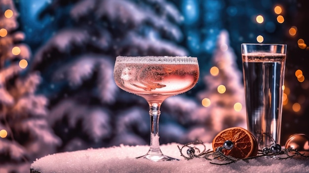 Kerst drinkt martini cocktail op de achtergrond van slinger en versierde kerstboom