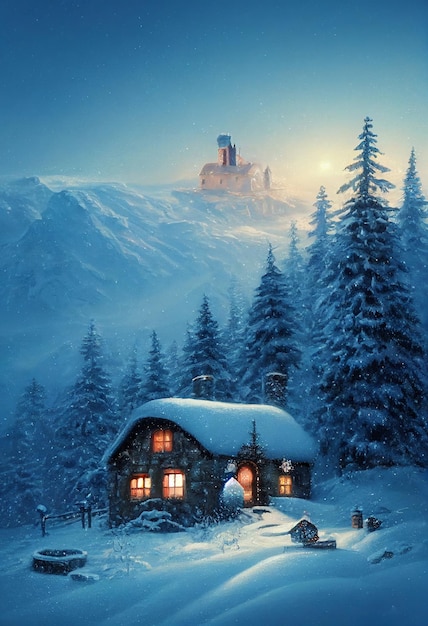 Kerst een klein huisje bovenaan 3D illustratie