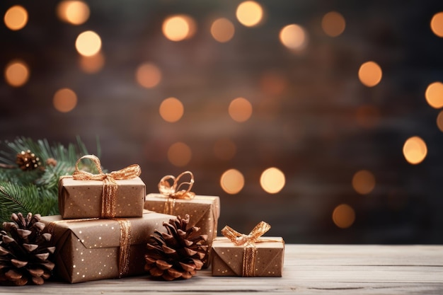 Kerst en nieuwjaar achtergrond geschenkdozen en dennenappels en takken op de achtergrond van bokeh slingers kopiëren ruimte