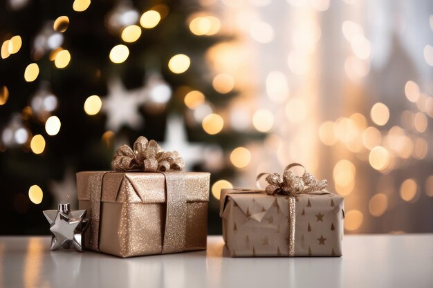 Kerst- en nieuwjaarsachtergrond Geschenkdoosjes en kerstboom met bokeh achtergrond AI gegenereerd