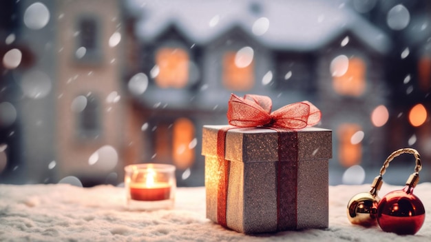 Kerst- en nieuwjaarsachtergrond Geschenkdoosjes en kerstboom met bokeh achtergrond AI gegenereerd