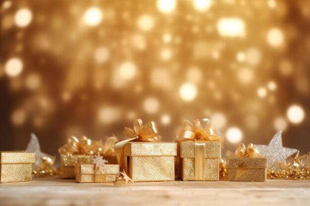 Kerst- en nieuwjaarsachtergrond Geschenkdoosjes en kerstboom met bokeh achtergrond AI gegenereerd