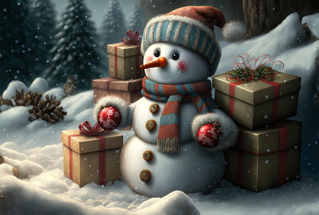 Kerst- en nieuwjaarscadeaus worden uitgestald op een sneeuwpop te midden van een drift