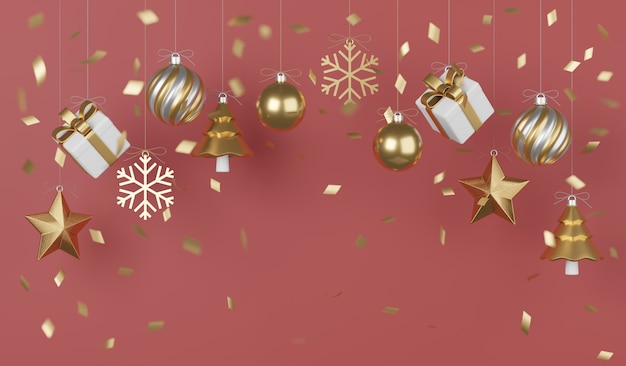 Kerst- en nieuwjaarsgeschenken met confetti en decoratie. banner ontwerp 3d illustratie