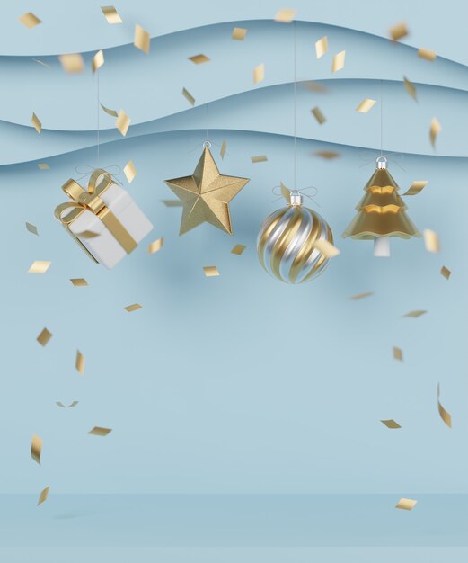 Kerst- en nieuwjaarsgeschenken met confetti en decoratie. Banner ontwerp 3D illustratie