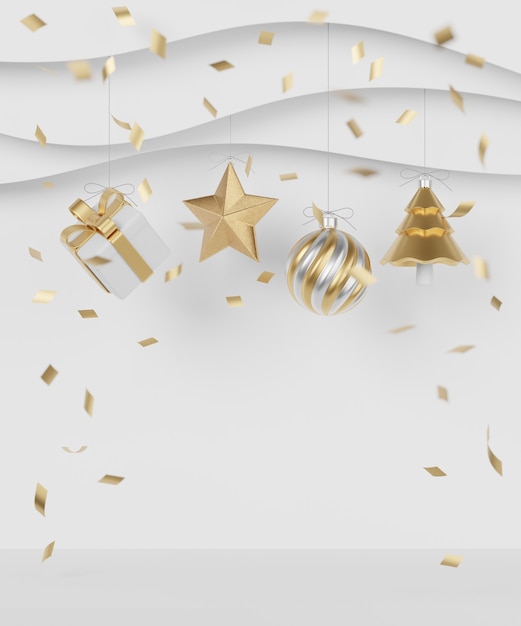 Kerst- en nieuwjaarsgeschenken met confetti en decoratie. Banner ontwerp 3D illustratie