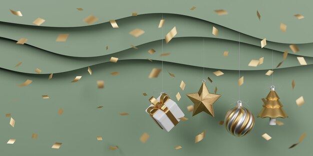 Kerst- en nieuwjaarsgeschenken met confetti en decoratie. Banner ontwerp 3D illustratie