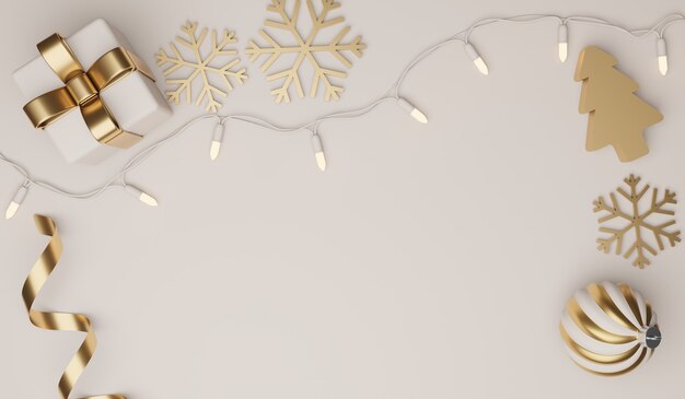 Kerst- en nieuwjaarsgeschenken met confetti en decoratie. Banner ontwerp 3D illustratie