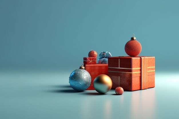 Foto kerst- en nieuwjaarsgroetekaartjes, kerstboomballen en geschenkkistjes op blauwe achtergrond, stilstand, compositie voor de wintervakantie