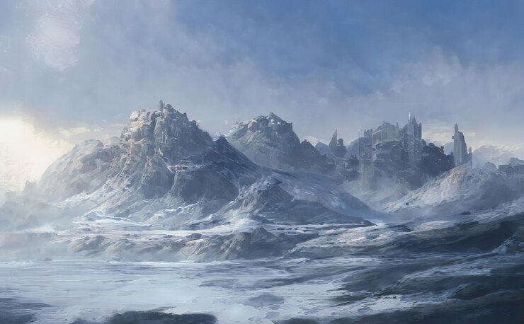 Kerst fantastisch winter episch landschap van bergen Keltisch middeleeuws bos