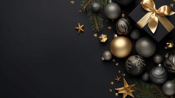 Foto kerst flat lay compositie met elegante zwarte en gouden elementen luxe feestelijke generatieve ai