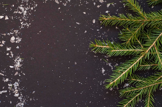 Kerst frame gemaakt van pijnboomtak en sneeuwvlokken op zwarte achtergrond