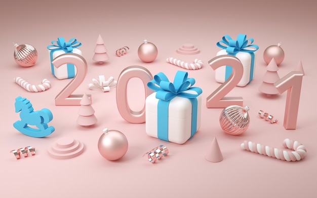 Kerst geschenkdozen en decoratie met nummer 2021. 3D-rendering